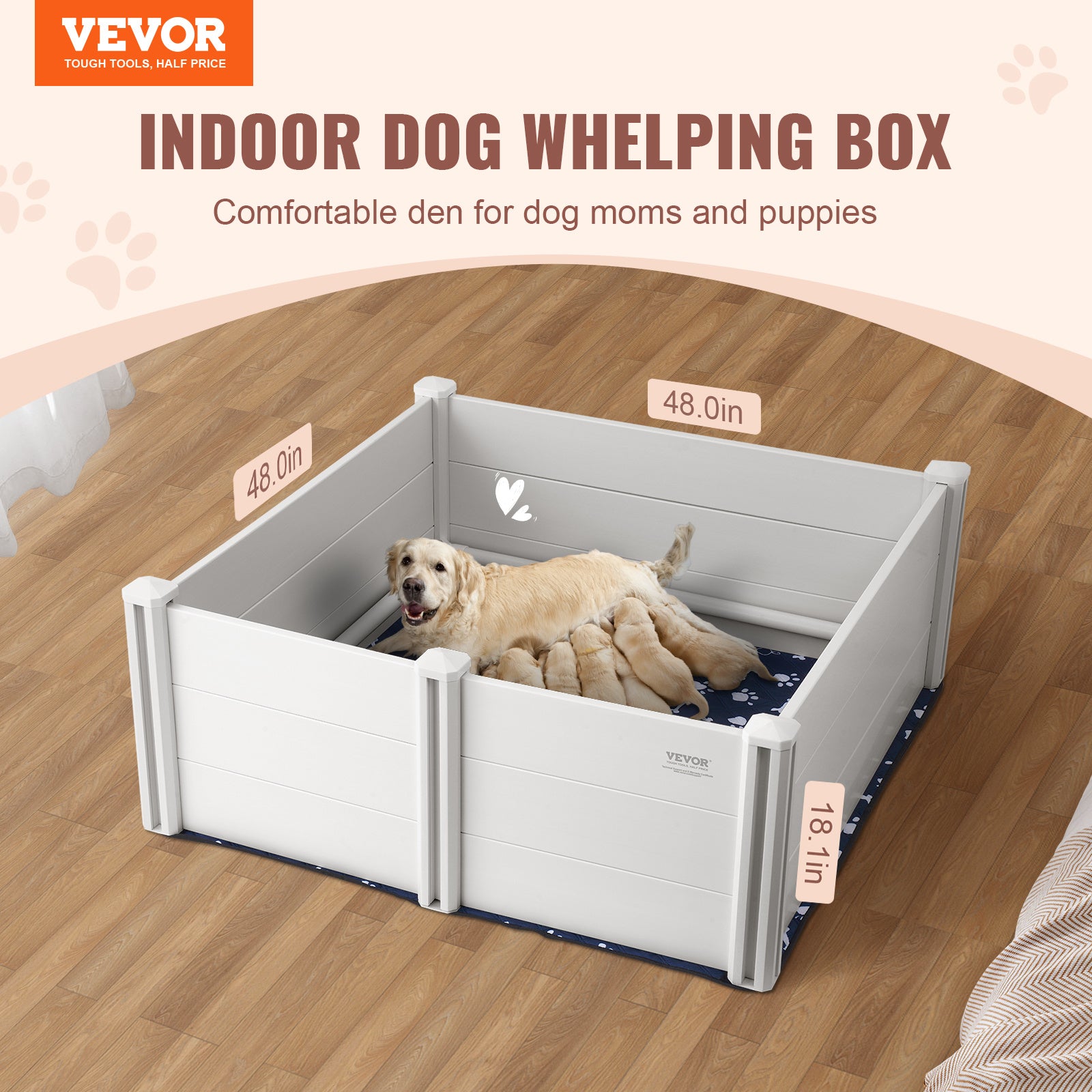 Dog Whelping Box with Rails – 48×48×18.1 in