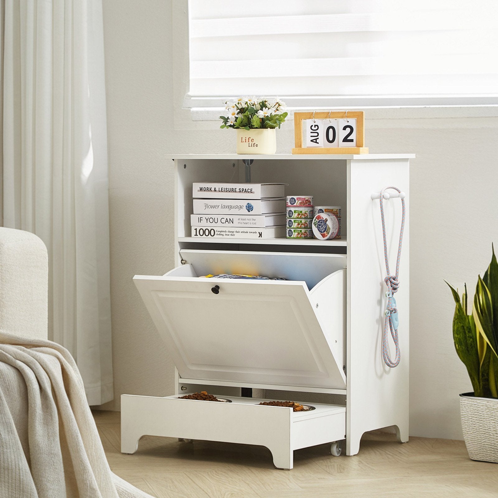 Pet Feeding Station with Elevated Bowls & Storage